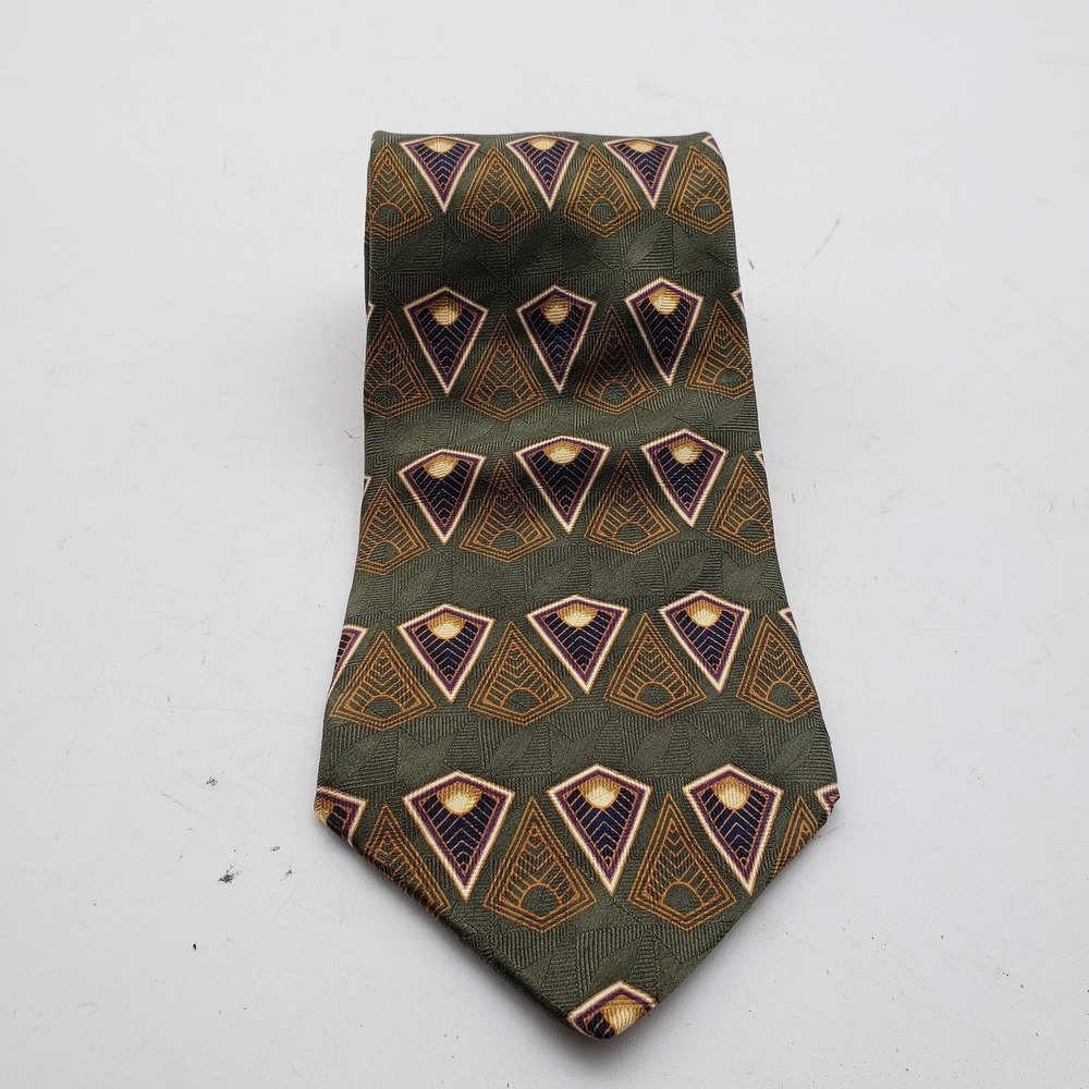 Bill Blass Tie Mens One Size Green Geometric Silk Art Deco Jacquard Classic